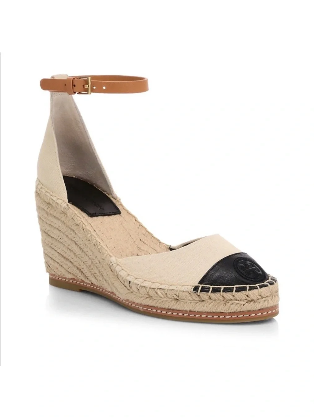 Tory Burch Color Block 85mm Wedge Espadrille Sandal Size 8.5 Color Cream & Black